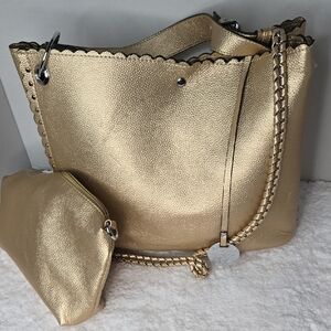 Metallic Champagne Gold Women’s Tote Bag with Removable Pouch